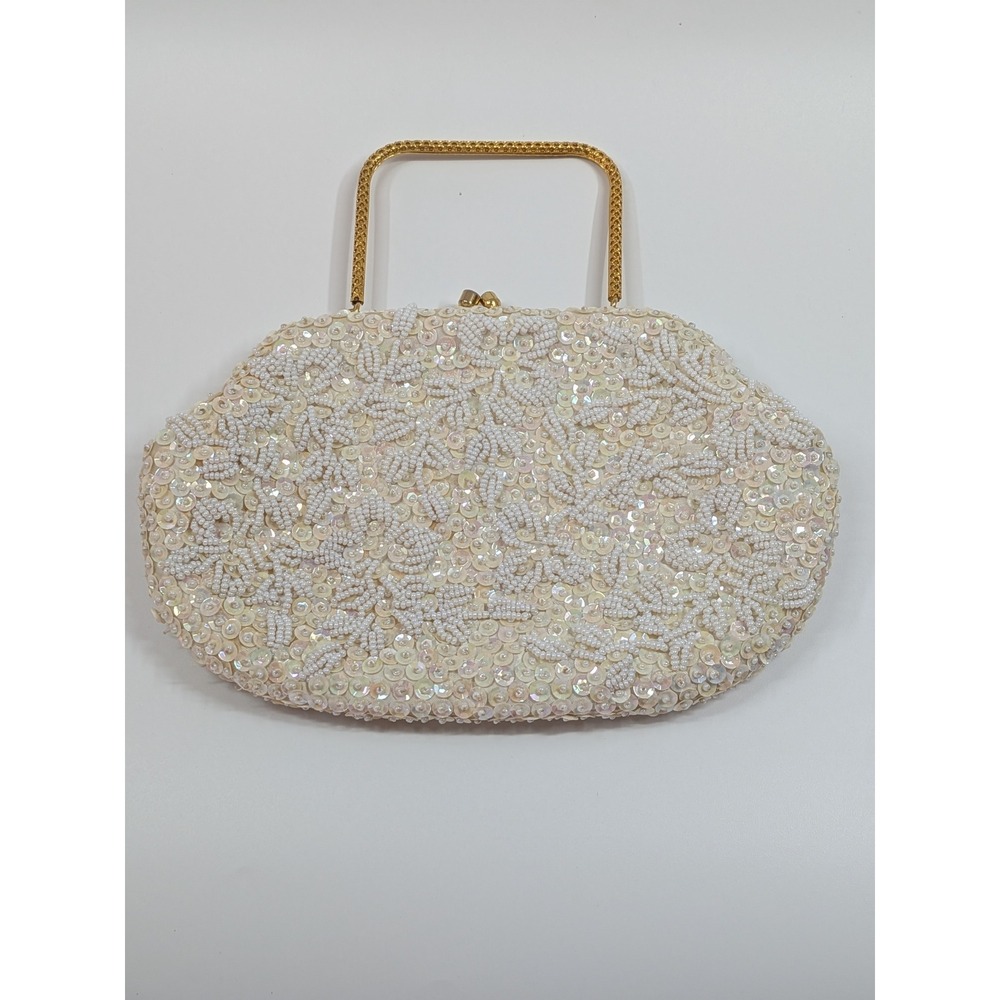 Vtg Hong Kong Beaded Sequin Clutch Ivory White Evening Wedding Bag Gold Handle